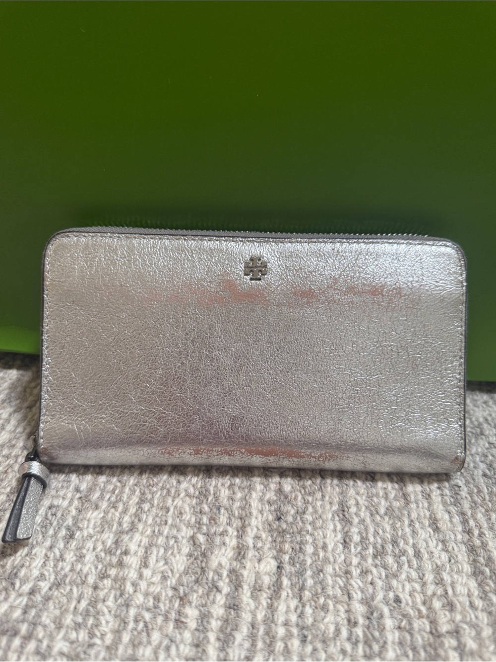 Tory Burch Metallic Silver Zip-Around Leather Wallet with Logo Accent